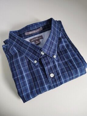 Eddie Bauer Men's Slim Fit Plaid Dress Shirt – Blue Windowpane, Size 2XL